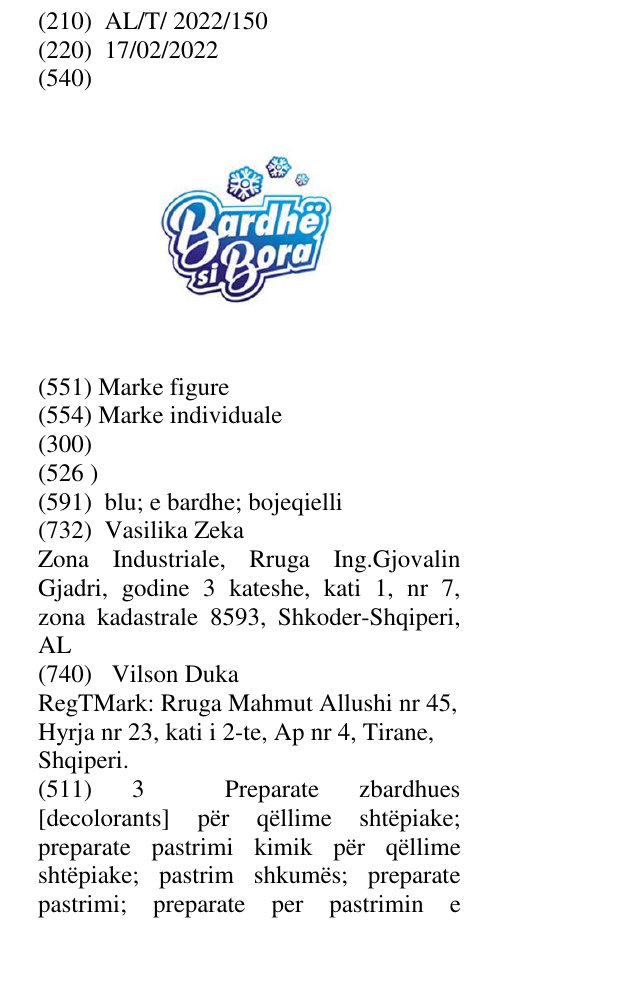 Zëri i markës Bardhë si Bora në buletin