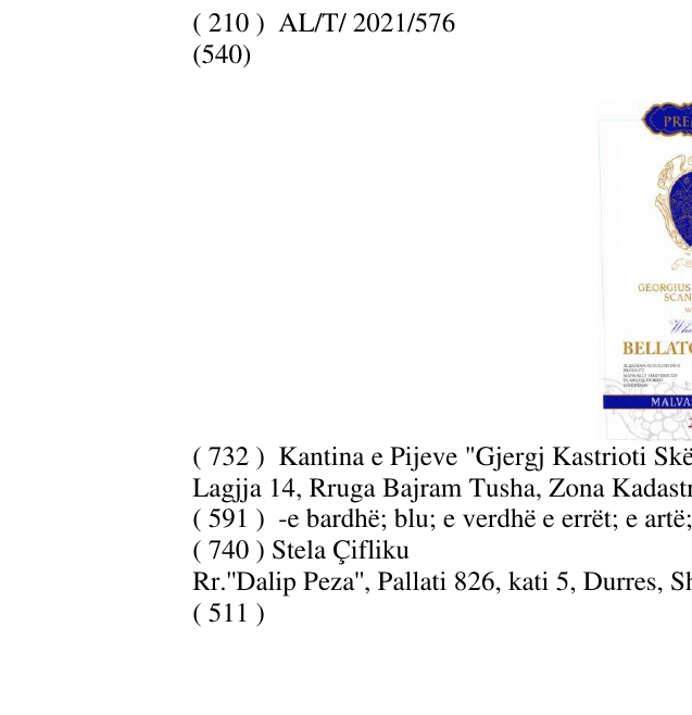Zëri i markës GEORGEIUS CASTRIOTUS SCANDERBEG BELLATOR EQUUS MALVASIA NERA PREMIUM në buletin