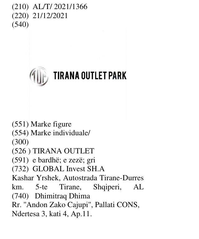 Zëri i markës TIRANA OUTLET në buletin