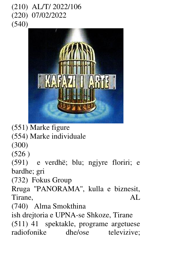 Zëri i markës KAFAZI I ARTE në buletin