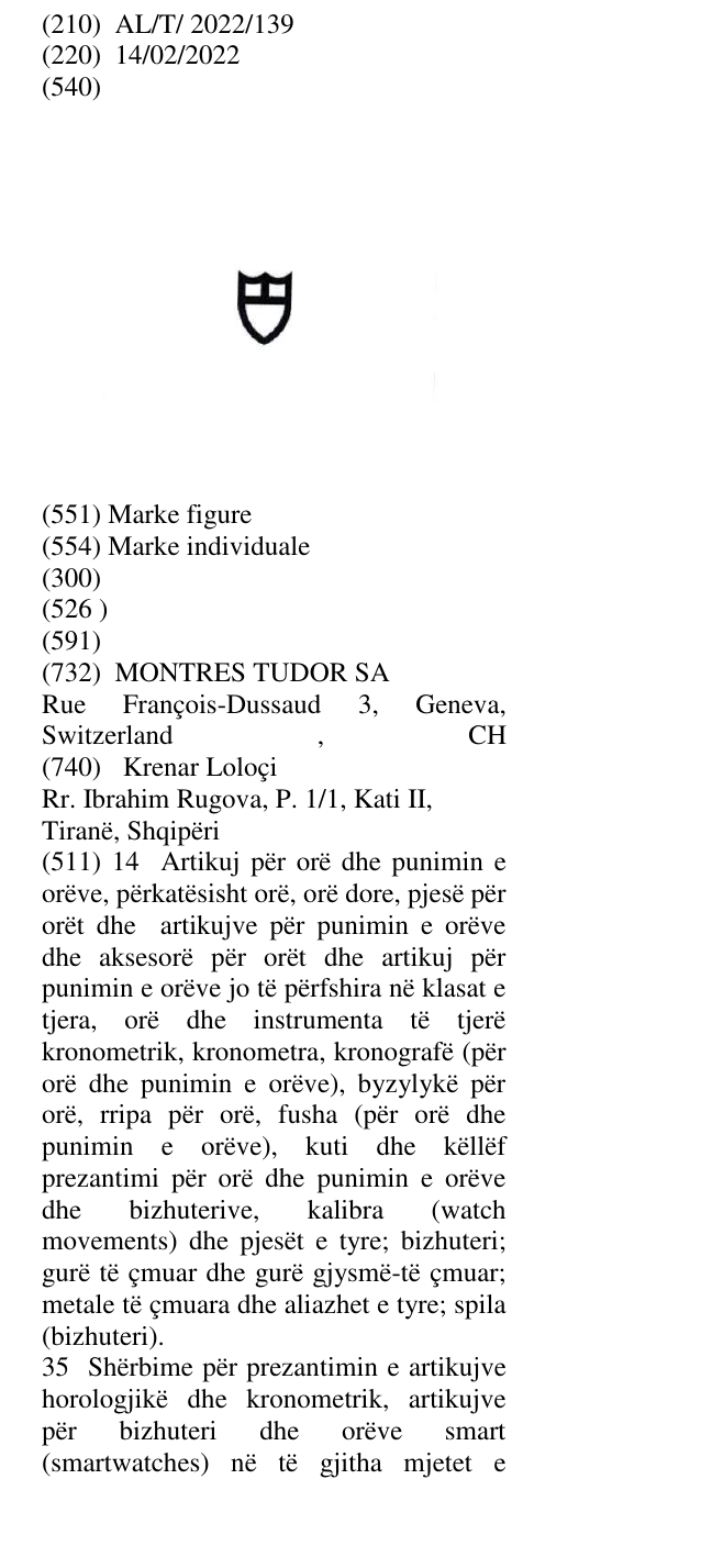 Zëri i markës AL/T/2022/139 në buletin
