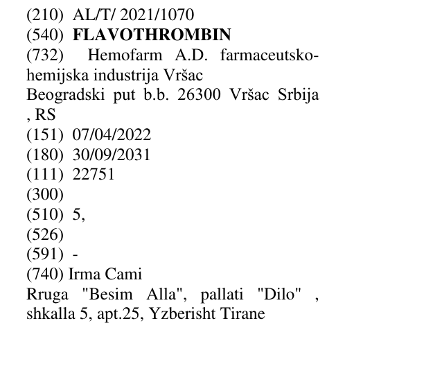 Zëri i markës FLAVOTHROMBIN në buletin