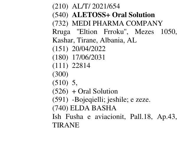 Zëri i markës ALETOSS+ Oral Solution në buletin