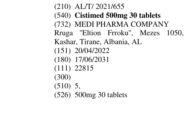 Zëri i markës Cistimed 500mg 30 tablets në buletin