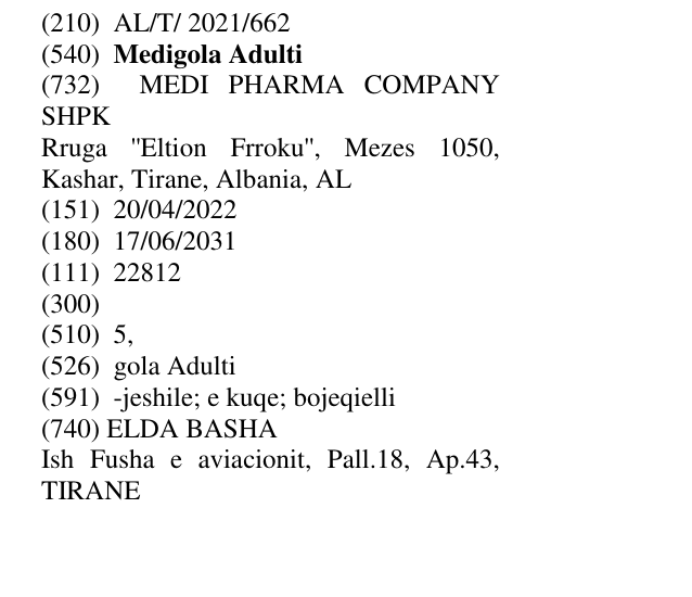 Zëri i markës Medigola Adulti në buletin