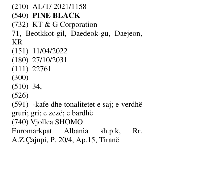 Zëri i markës PINE BLACK në buletin