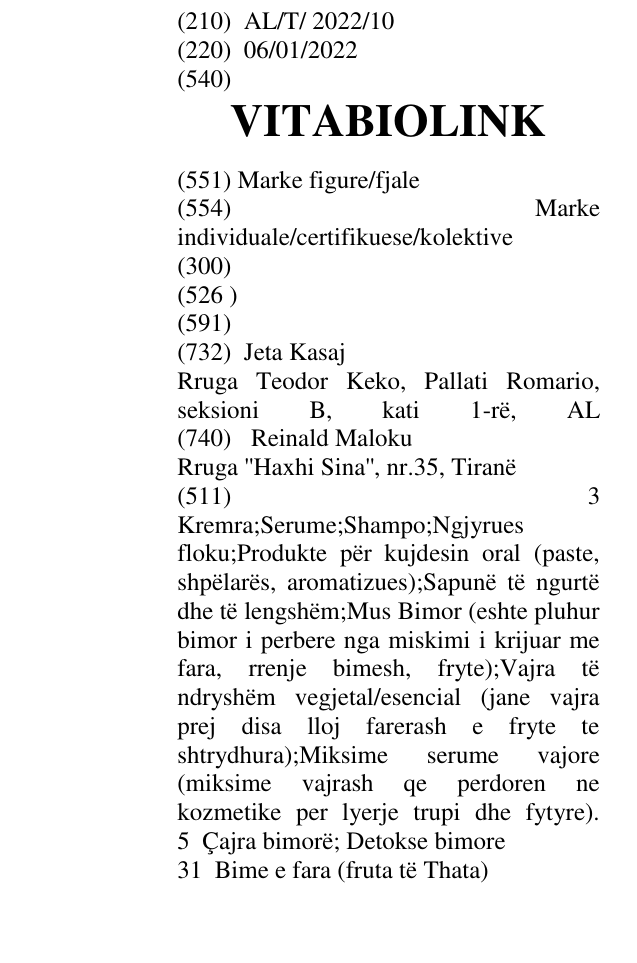 Zëri i markës VITABIOLINK në buletin