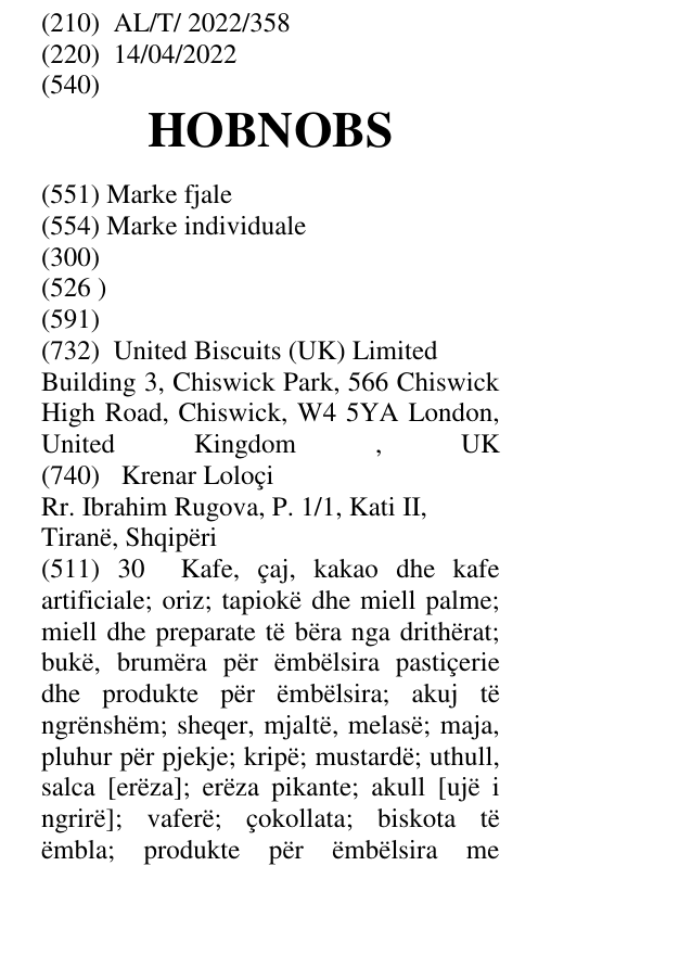 Zëri i markës HOBNOBS në buletin