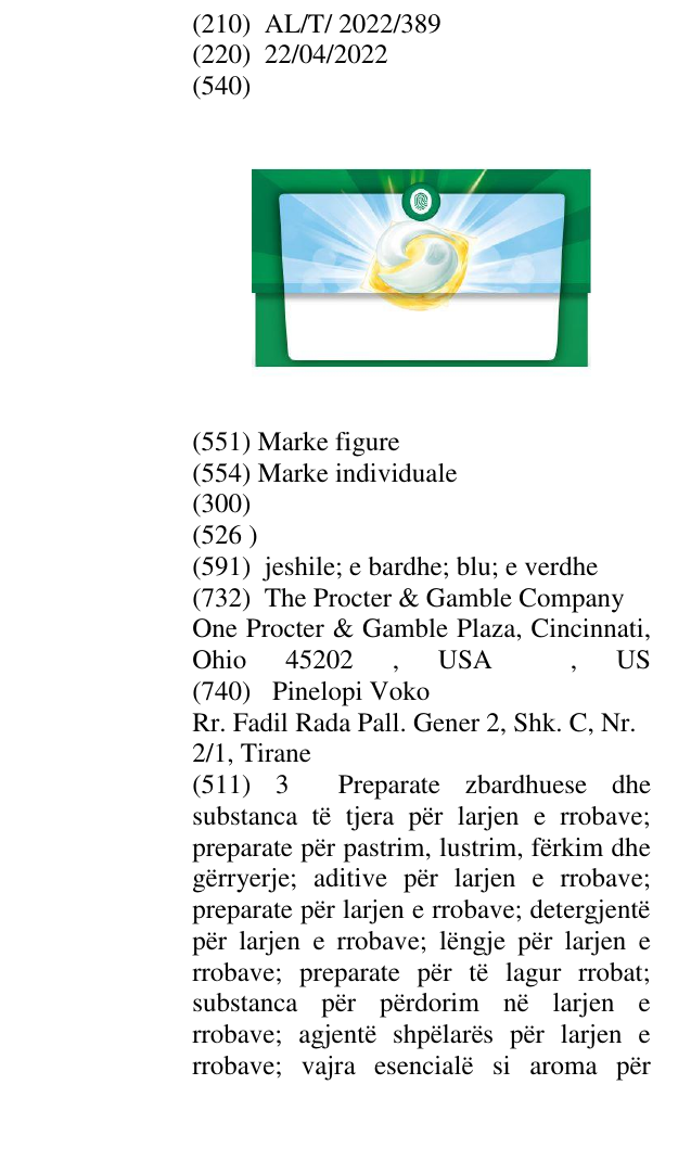 Zëri i markës AL/T/2022/389 në buletin