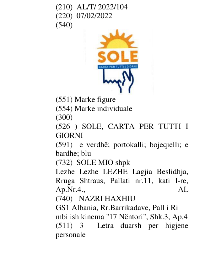 Zëri i markës SOLE, CARTA PER TUTTI I GIORNI në buletin