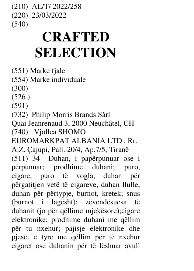 Zëri i markës CRAFTED SELECTION në buletin