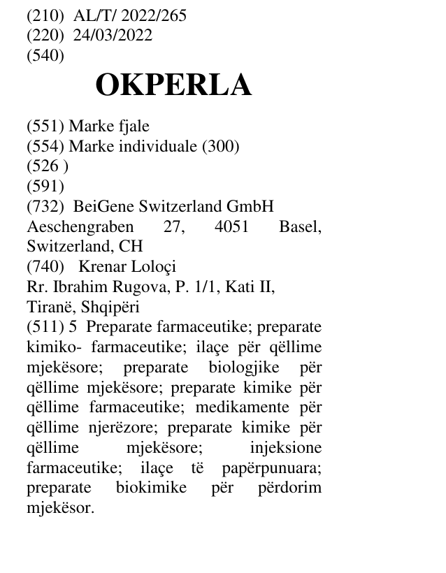 Zëri i markës OKPERLA në buletin