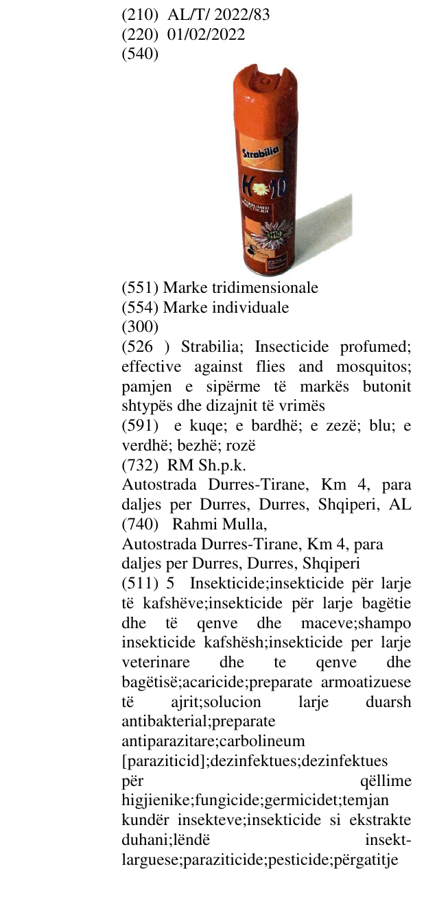 Zëri i markës Strabilia; Insecticide profumed; effective against flies and mosquitos; pamjen e sipërme të markës butonit shtypës dhe dizajnit të vrimës në buletin