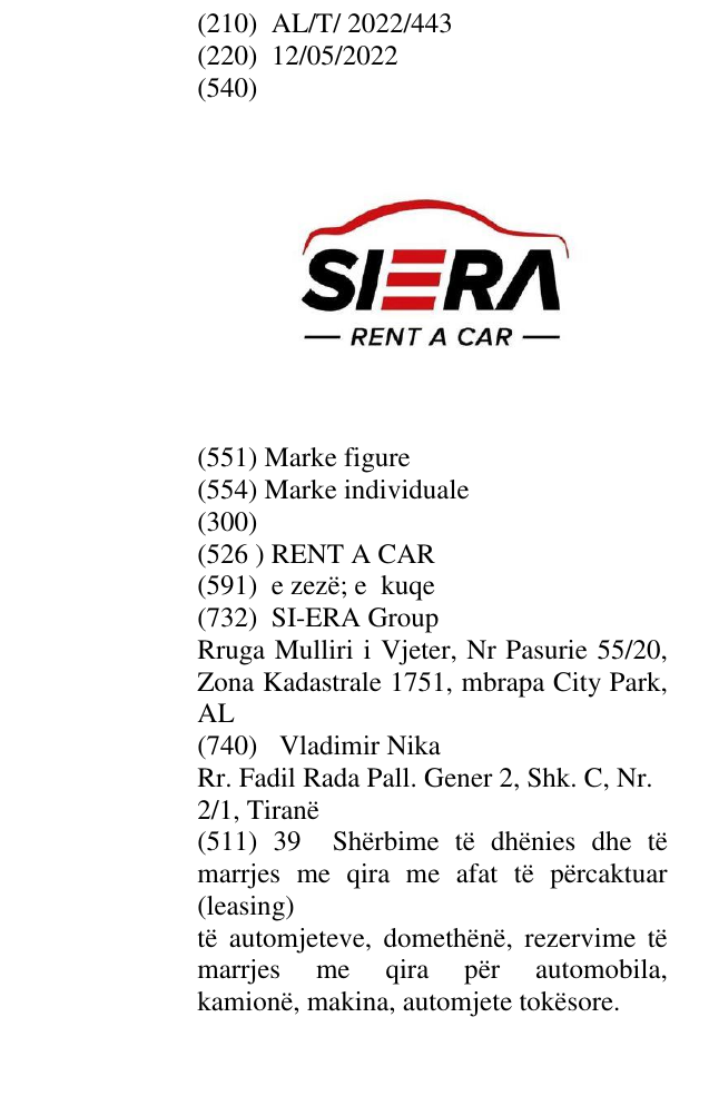Zëri i markës RENT A CAR në buletin