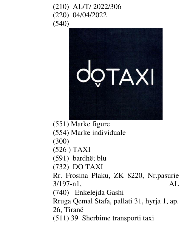 Zëri i markës TAXI në buletin