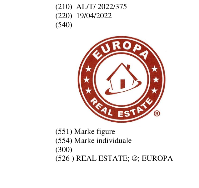 Zëri i markës REAL ESTATE; ®; EUROPA në buletin