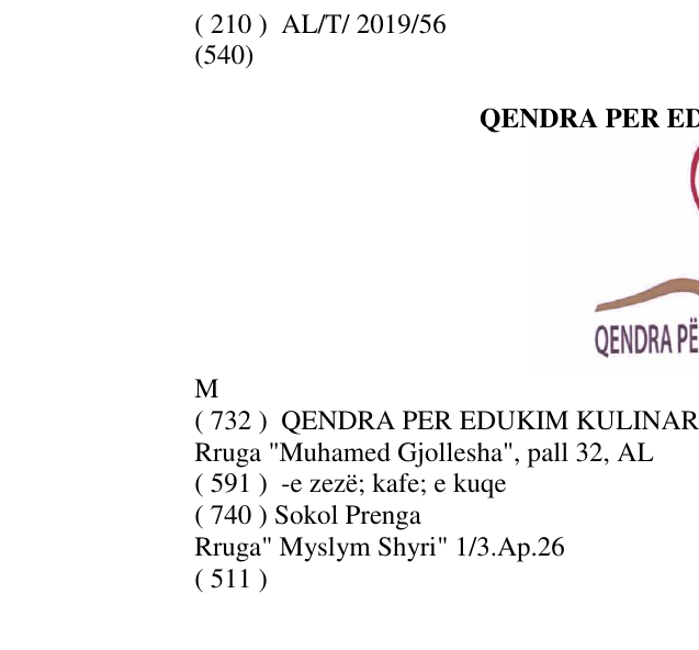 Zëri i markës QENDRA PER EDUKIM KULINAR M në buletin