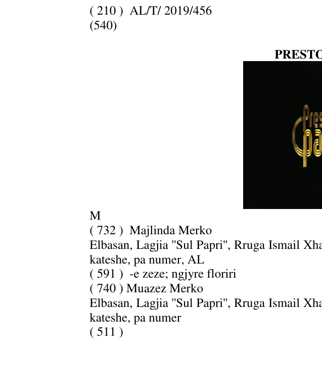 Zëri i markës PRESTO PASTA M në buletin