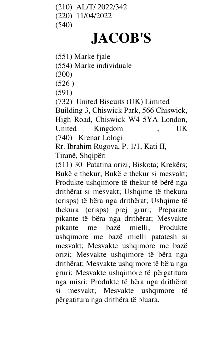Zëri i markës JACOB'S në buletin