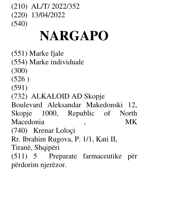 Zëri i markës NARGAPO në buletin
