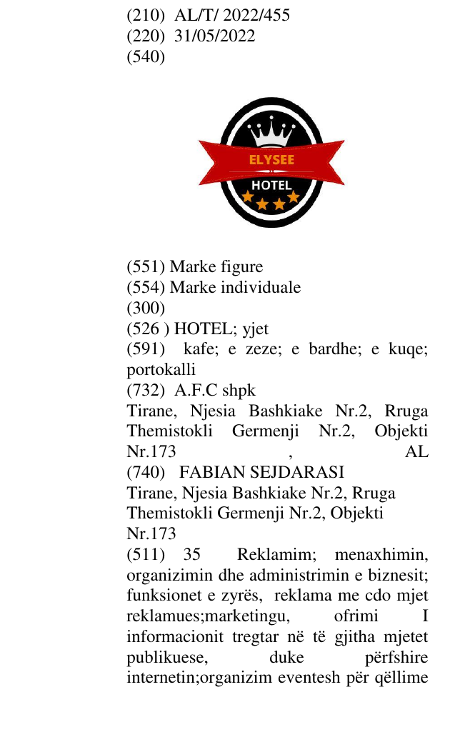 Zëri i markës HOTEL; yjet në buletin
