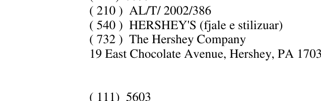 Zëri i markës HERSHEY'S (fjale e stilizuar) në buletin
