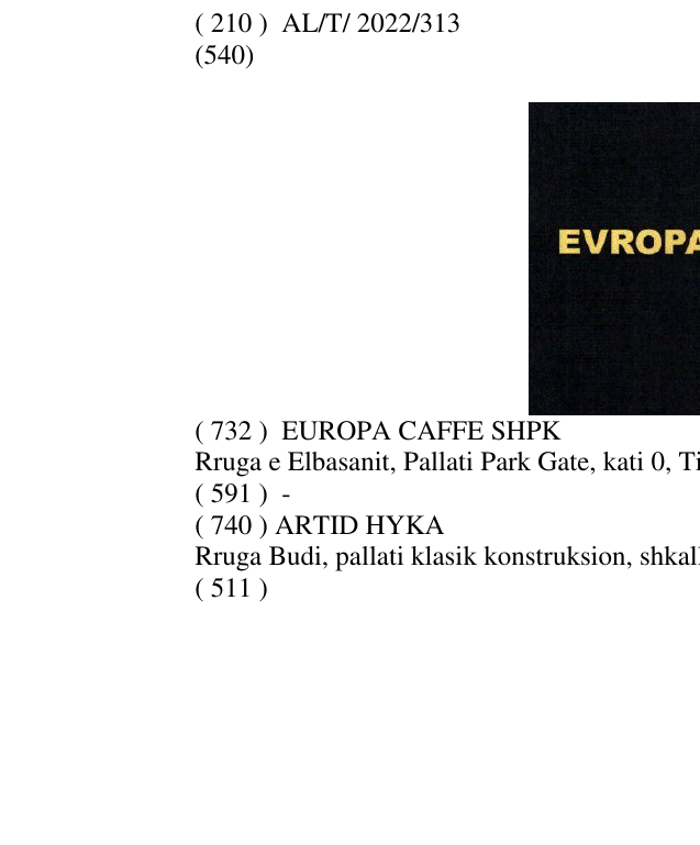 Zëri i markës EVROPA CAFFE në buletin