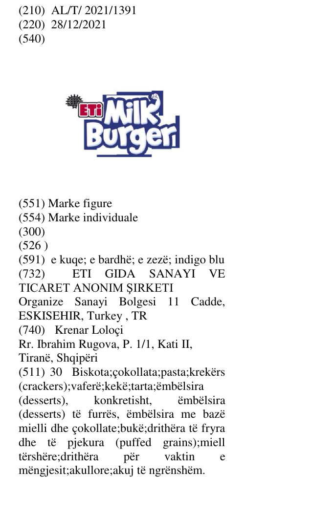 Zëri i markës ETİ MİLK BURGER në buletin