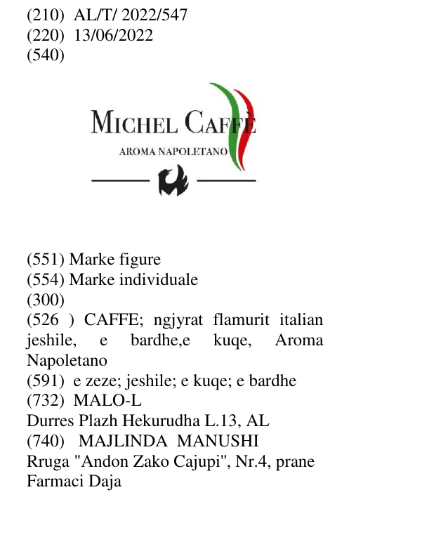 Zëri i markës CAFFE; ngjyrat flamurit italian jeshile, e bardhe,e kuqe, Aroma Napoletano në buletin