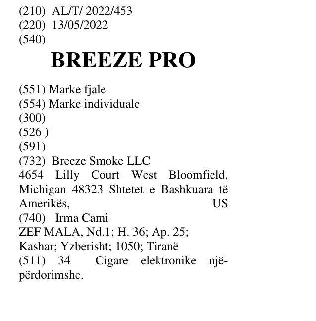 Zëri i markës BREEZE PRO në buletin
