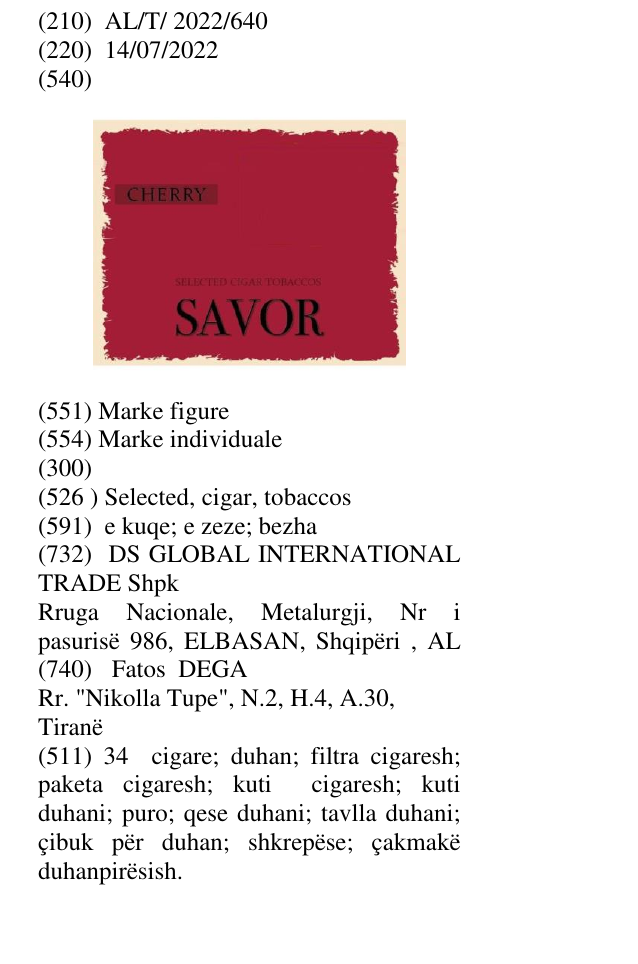 Zëri i markës Selected, cigar, tobaccos në buletin