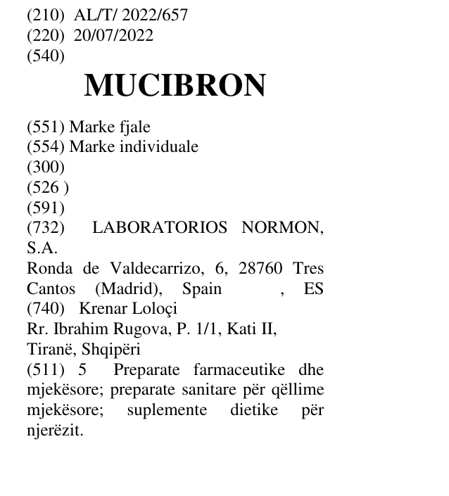 Zëri i markës MUCIBRON në buletin