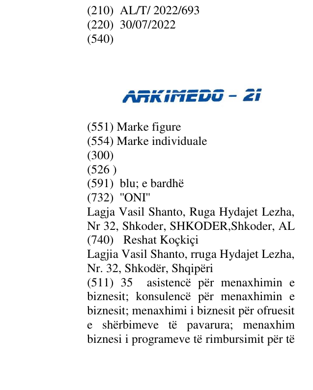 Zëri i markës ARKIMEDO-21 në buletin