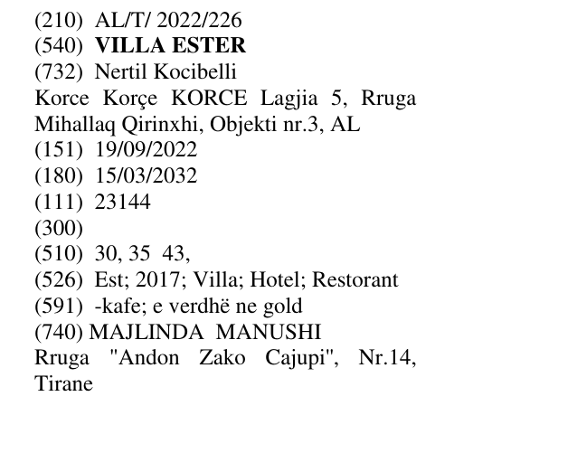 Zëri i markës VILLA ESTER në buletin