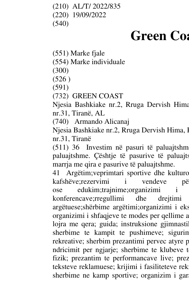 Zëri i markës Green Coast Village në buletin