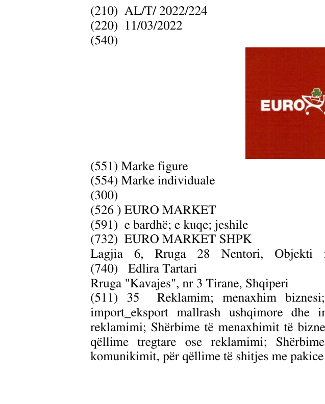 Zëri i markës EURO MARKET në buletin