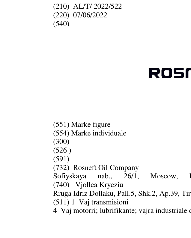 Zëri i markës ROSNEFT në buletin