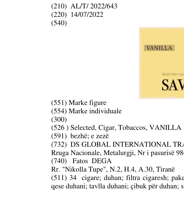 Zëri i markës Selected, Cigar, Tobaccos, VANILLA në buletin