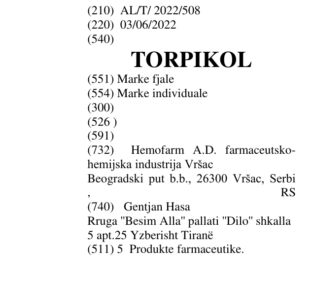 Zëri i markës TORPIKOL në buletin