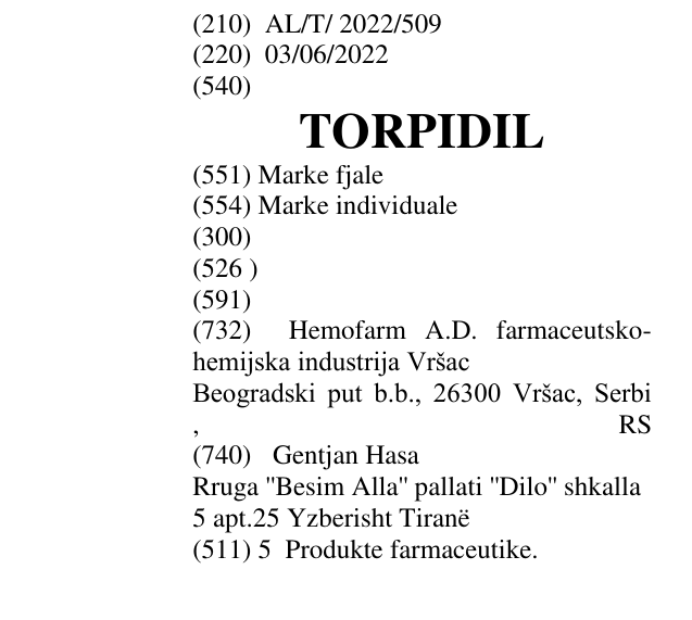 Zëri i markës TORPIDIL në buletin