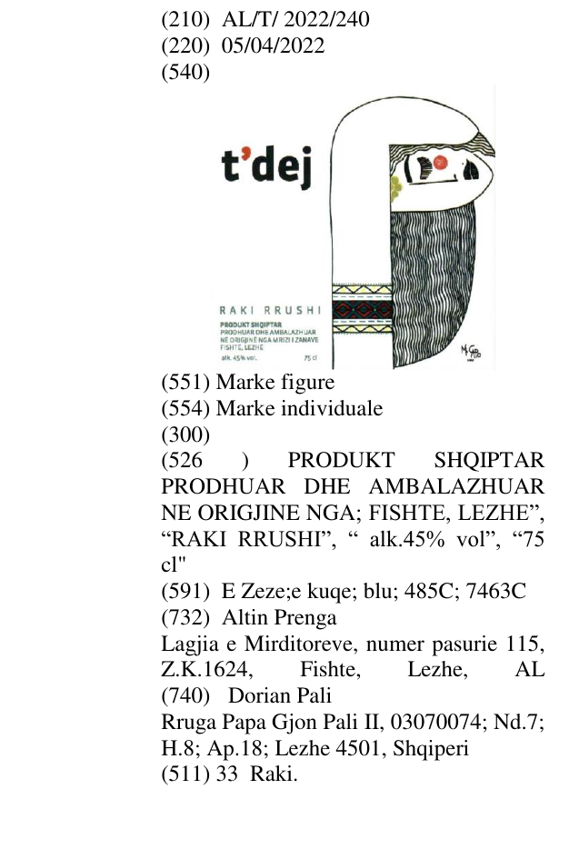 Zëri i markës PRODUKT SHQIPTAR PRODHUAR DHE AMBALAZHUAR NE ORIGJINE NGA; FISHTE, LEZHE”, “RAKI RRUSHI”, “ alk.45% vol”, “75 cl" në buletin