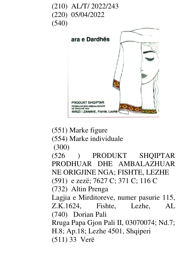 Zëri i markës PRODUKT SHQIPTAR PRODHUAR DHE AMBALAZHUAR NE ORIGJINE NGA; FISHTE, LEZHE në buletin