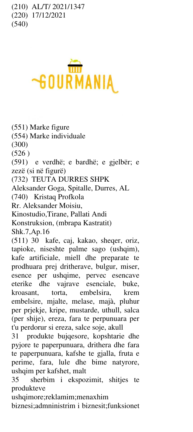 Zëri i markës GOURMANIA në buletin