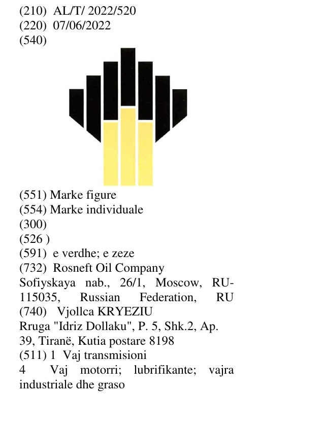 Zëri i markës AL/T/2022/520 në buletin