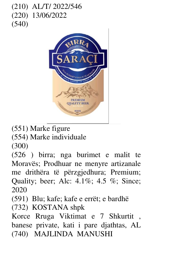 Zëri i markës birra; nga burimet e malit te Moravës; Prodhuar ne menyre artizanale me drithëra të përzgjedhura; Premium; Quality; beer; Alc: 4.1%; 4.5 %; Since; 2020 në buletin