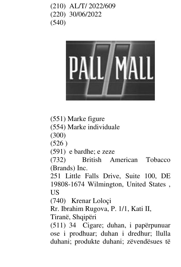 Zëri i markës PALL MALL në buletin