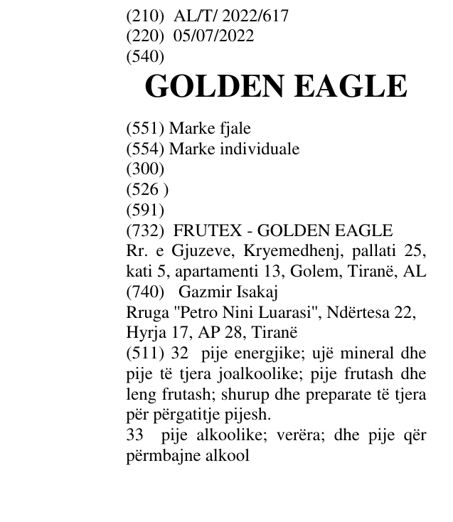 Zëri i markës GOLDEN EAGLE në buletin