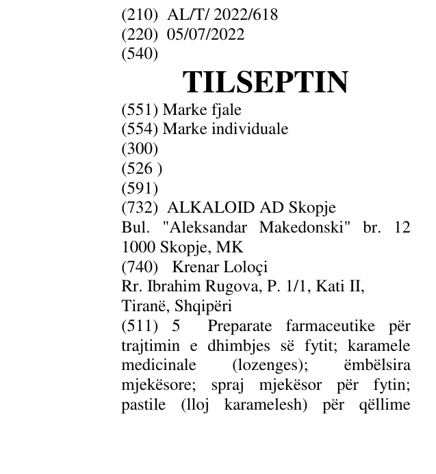 Zëri i markës TILSEPTIN në buletin
