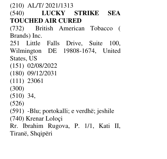 Zëri i markës LUCKY STRIKE SEA TOUCHED AIR CURED në buletin