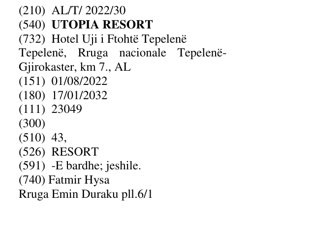 Zëri i markës UTOPIA RESORT në buletin